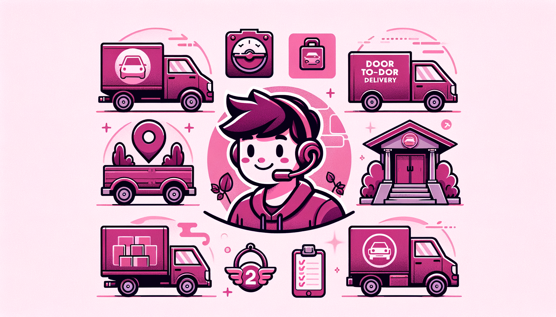 Illustration in fuschia tones displaying the key features and services offered by Montway Auto Transport, highlighting vehicle shipping, door-to-door delivery, and customer support icons.