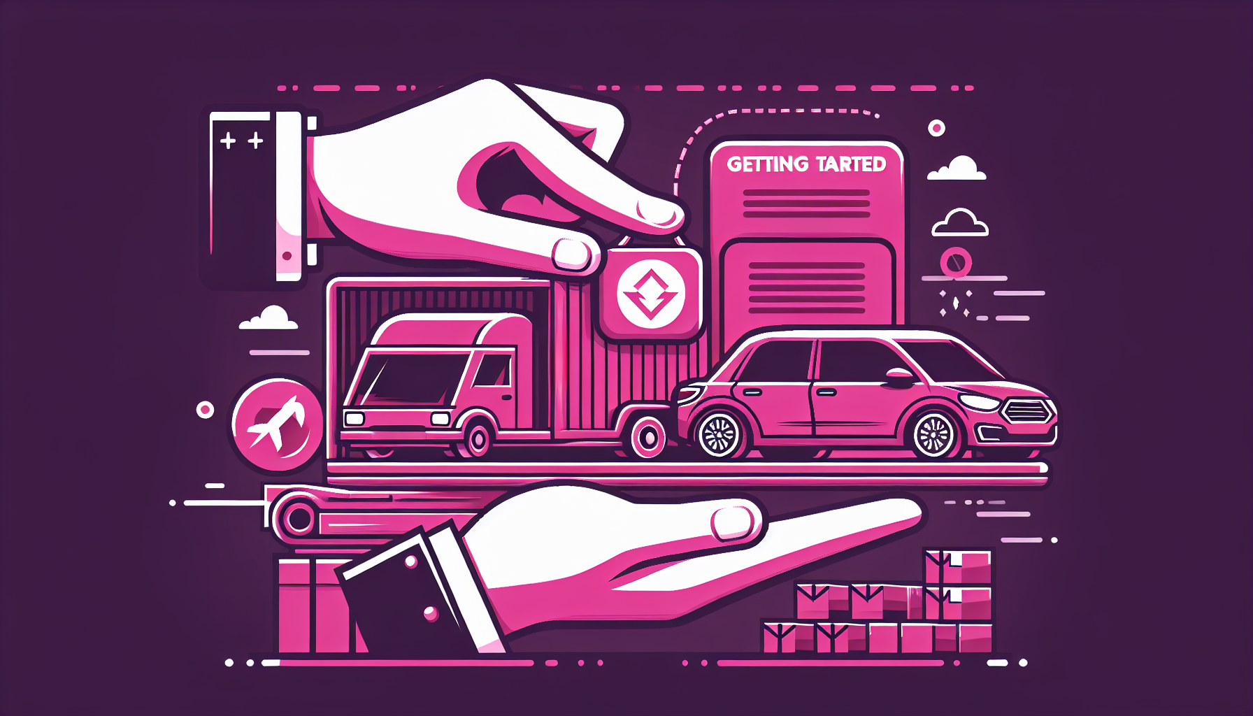 Cartoon illustration in fuchsia color showing steps to get started with Easy Auto Ship.