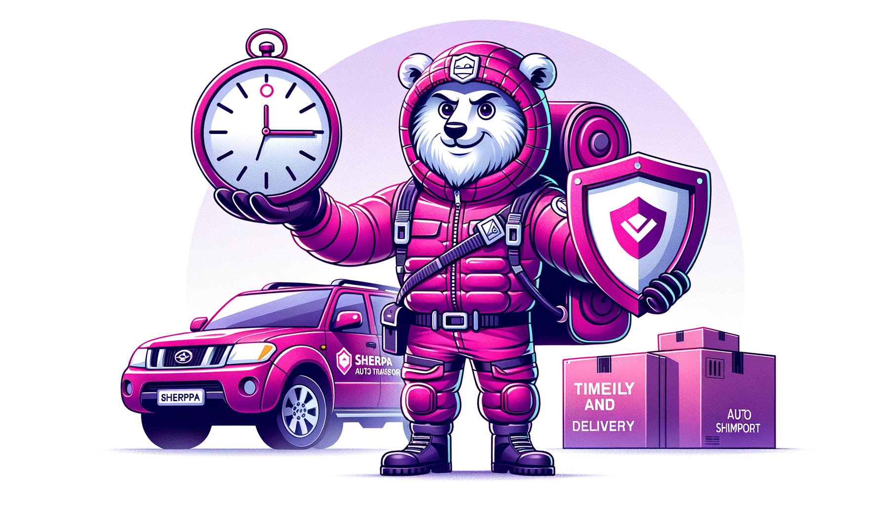 Cartoon image showcasing a Sherpa character in fuschia, guaranteeing safe and timely vehicle deliveries, with a protective shield and a clock emphasizing reliability and speed.