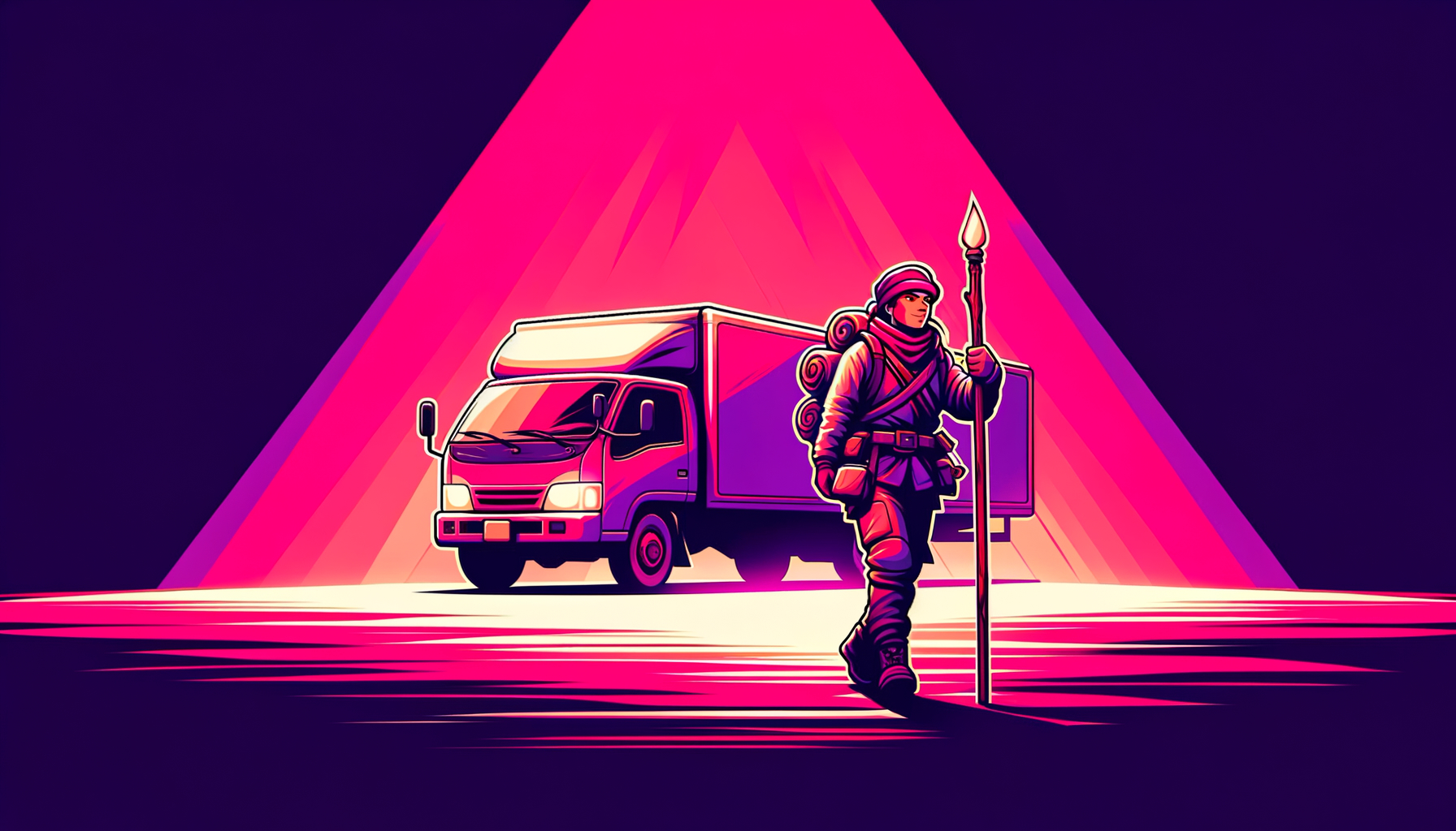 A cartoon-like fuchsia illustration highlighting key features of Sherpa Auto Transport, showing a friendly sherpa character guiding a car safely on its journey, symbolizing trusted and quality car shipping services.