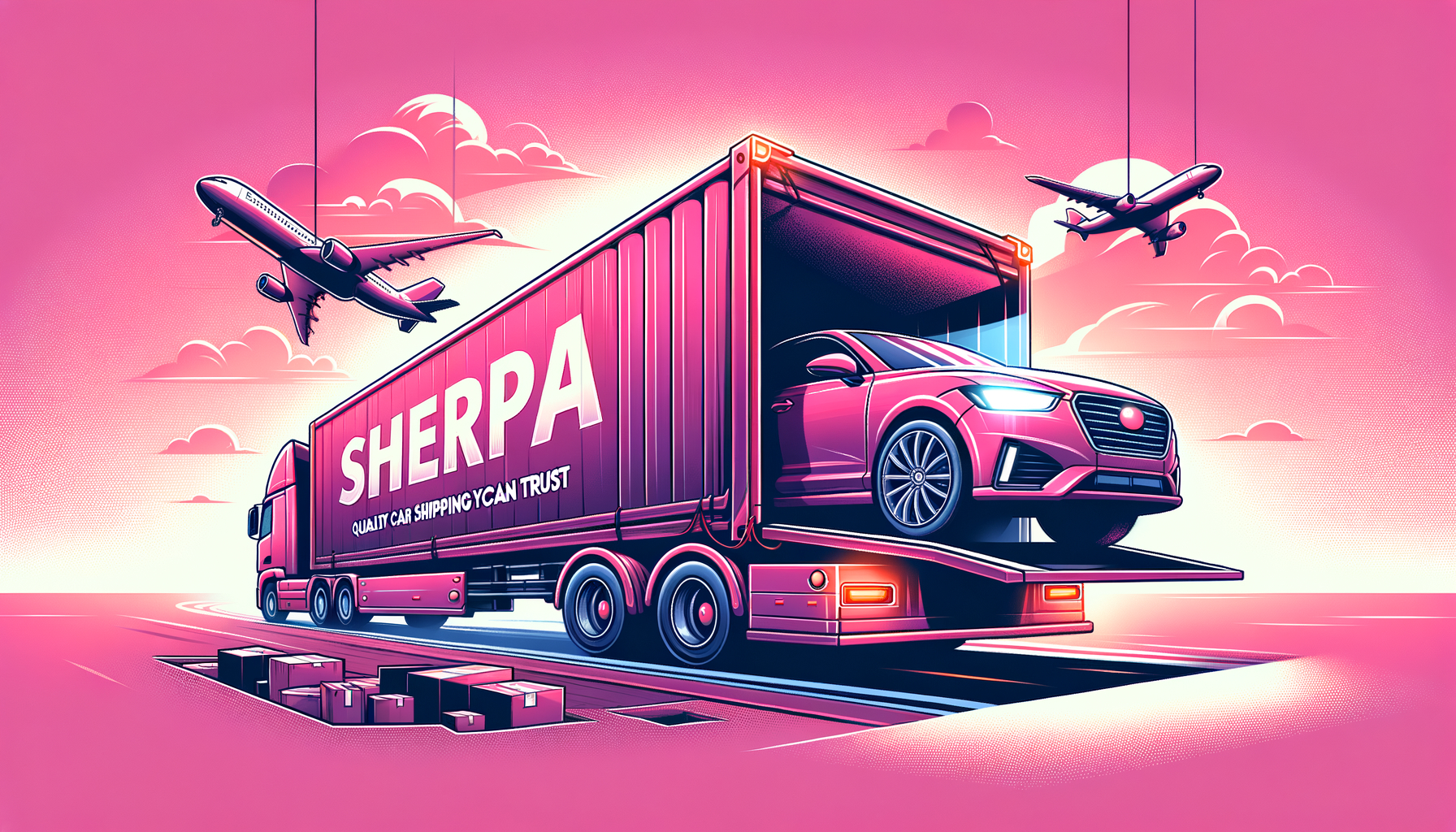 Cartoon-like illustration of a fuschia-colored delivery truck with Sherpa Auto Transport logo, symbolizing quality car shipping services.