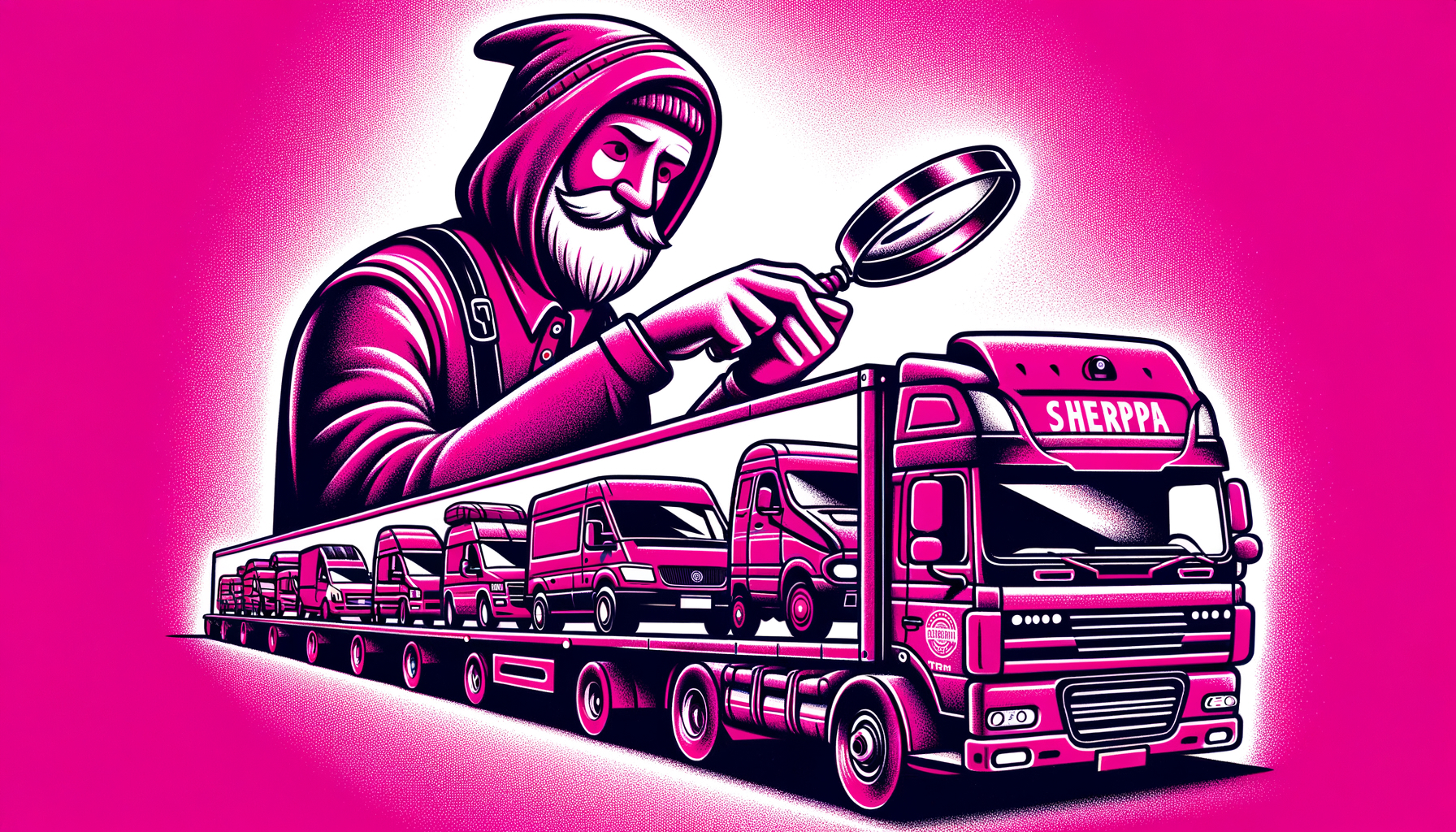 Cartoon illustration of a fuchsia Sherpa guide inspecting a line of diverse vehicles with a magnifying glass, symbolizing Sherpa Auto Transport's Comprehensive Carrier Vetting Process.