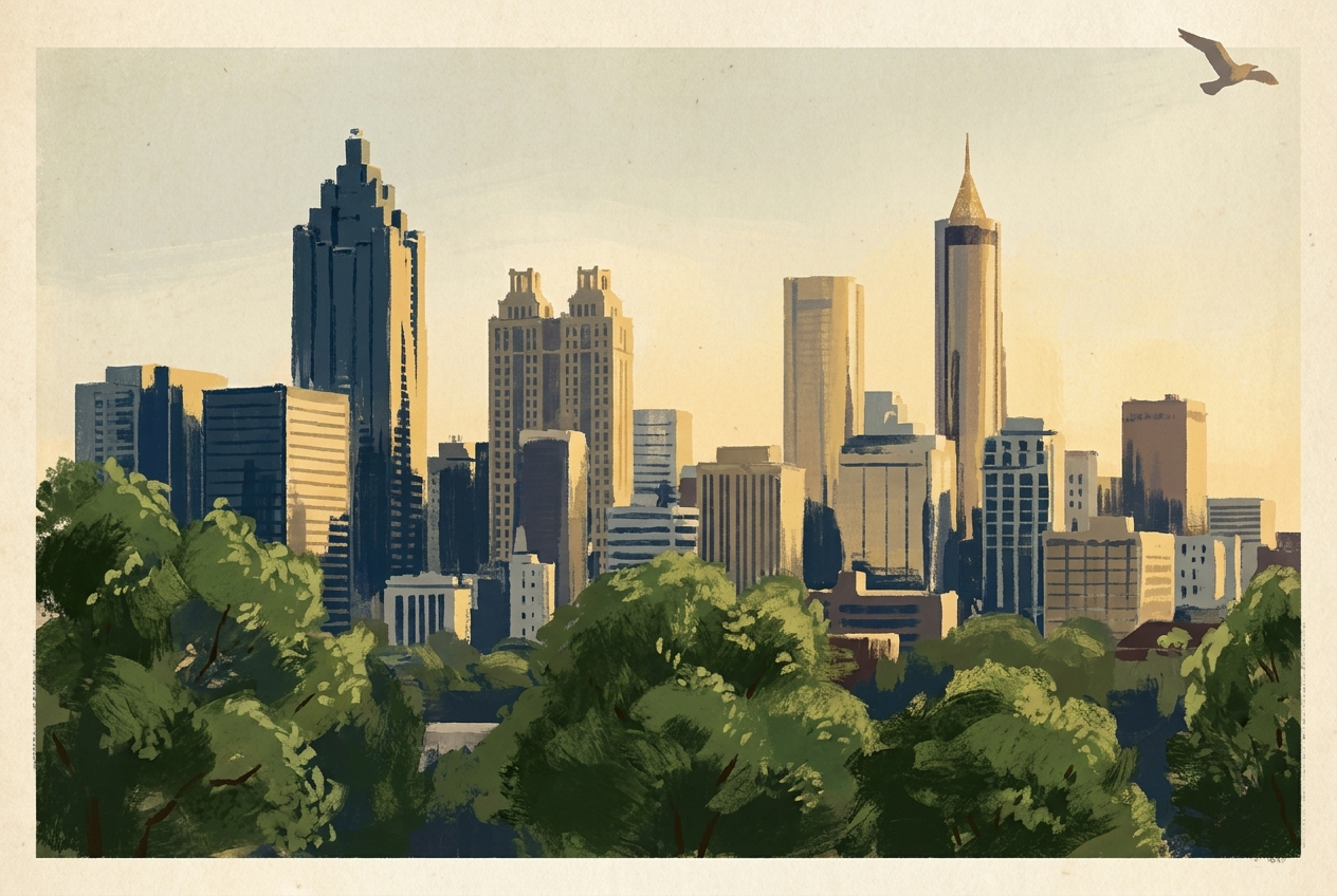 Atlanta skyline: Midtown towers above the tree canopy at golden hour