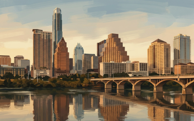 Austin, Texas skyline along Lady Bird Lake