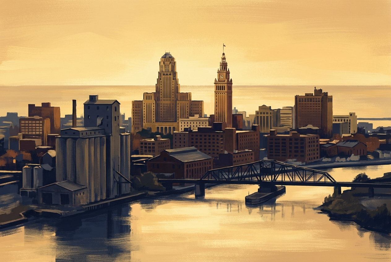 Buffalo skyline with City Hall and grain elevators at golden hour