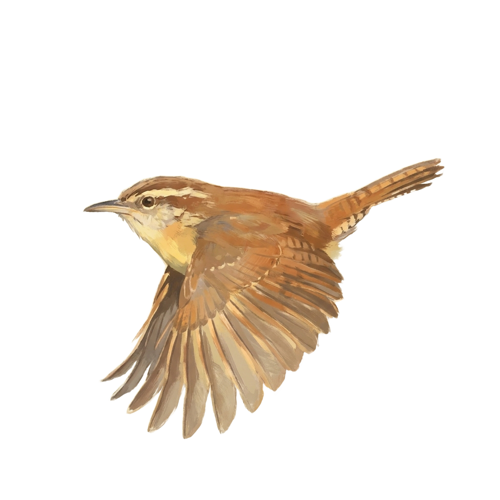 Carolina wren in flight (South Carolina state bird)