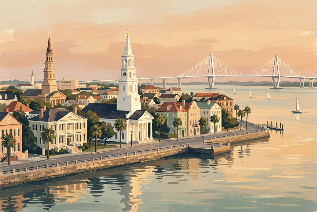 Charleston skyline: church steeples and the Ravenel Bridge over the harbor at golden hour