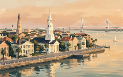 Charleston skyline: church steeples and the Ravenel Bridge over the harbor at golden hour