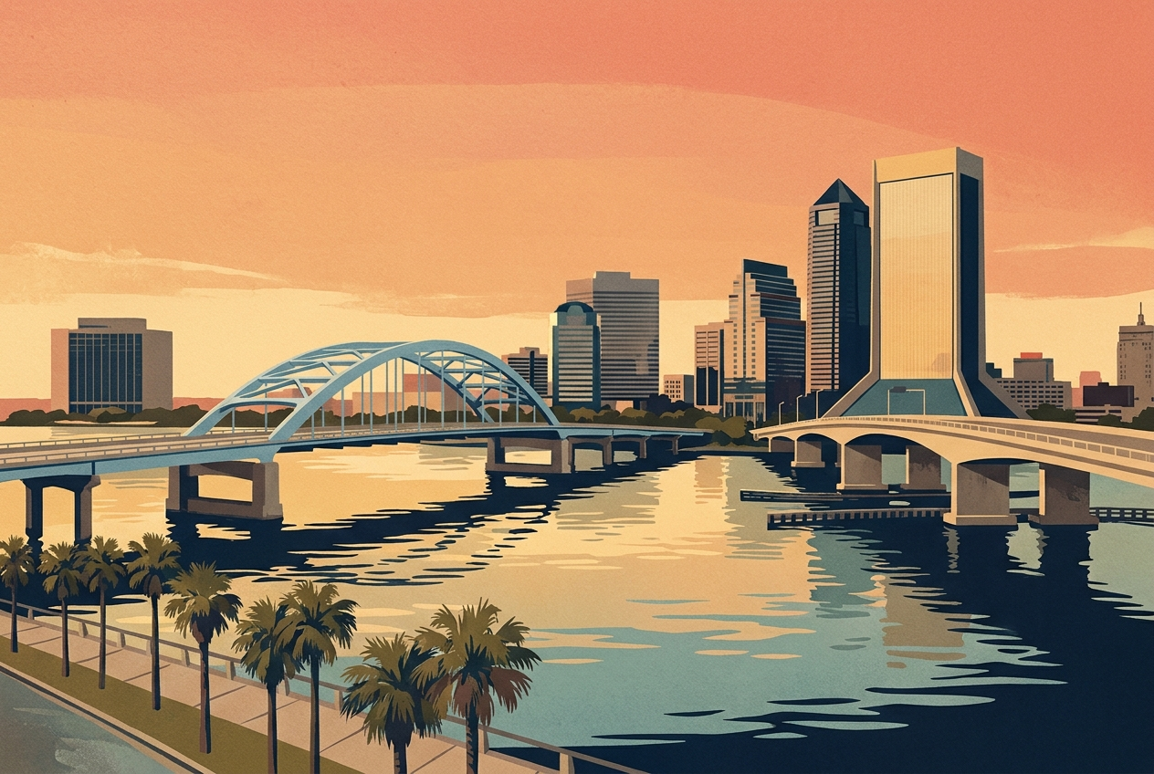 Jacksonville skyline: downtown towers and the Main Street Bridge over the St. Johns River