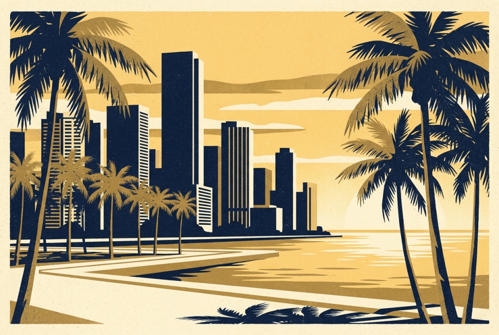 Miami skyline: Brickell towers along Biscayne Bay