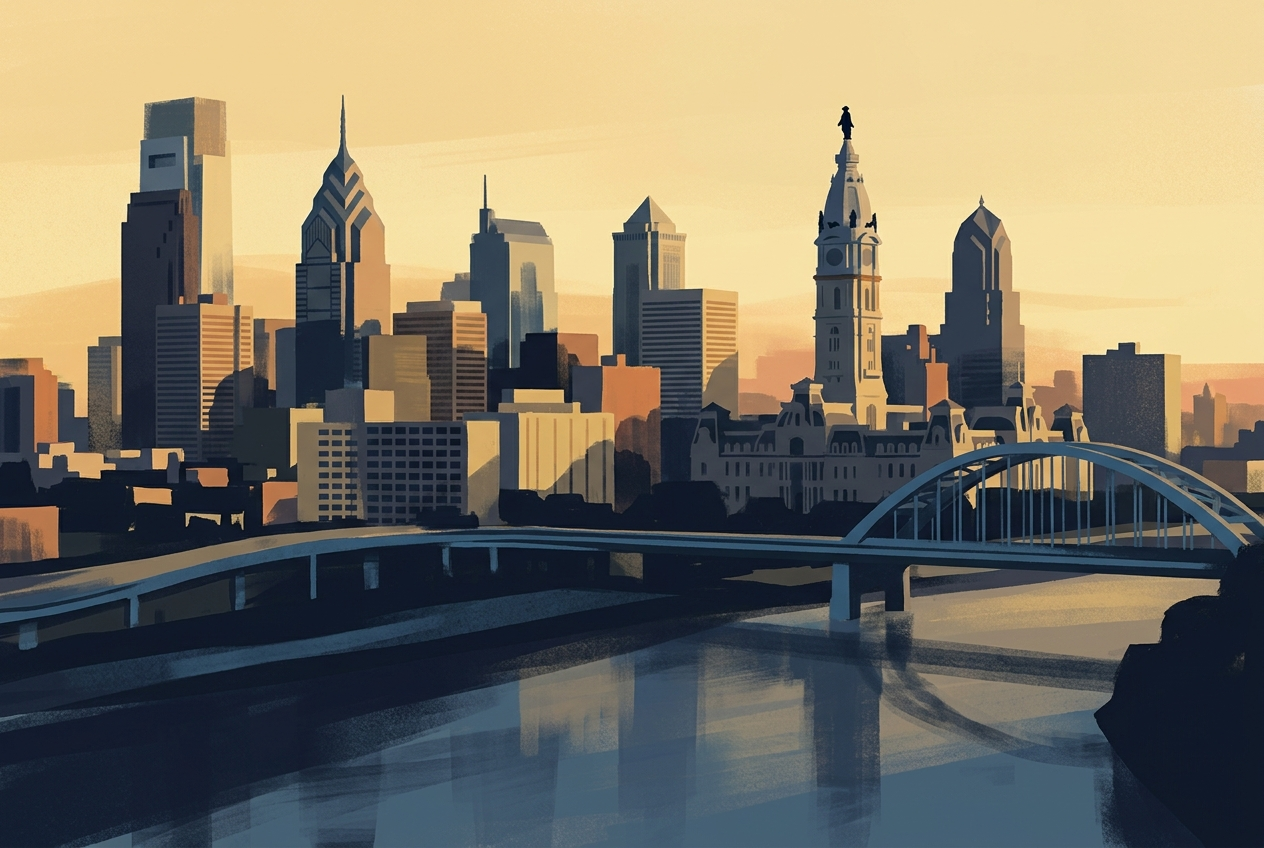 Philadelphia skyline: Center City towers and the Ben Franklin Bridge at golden hour
