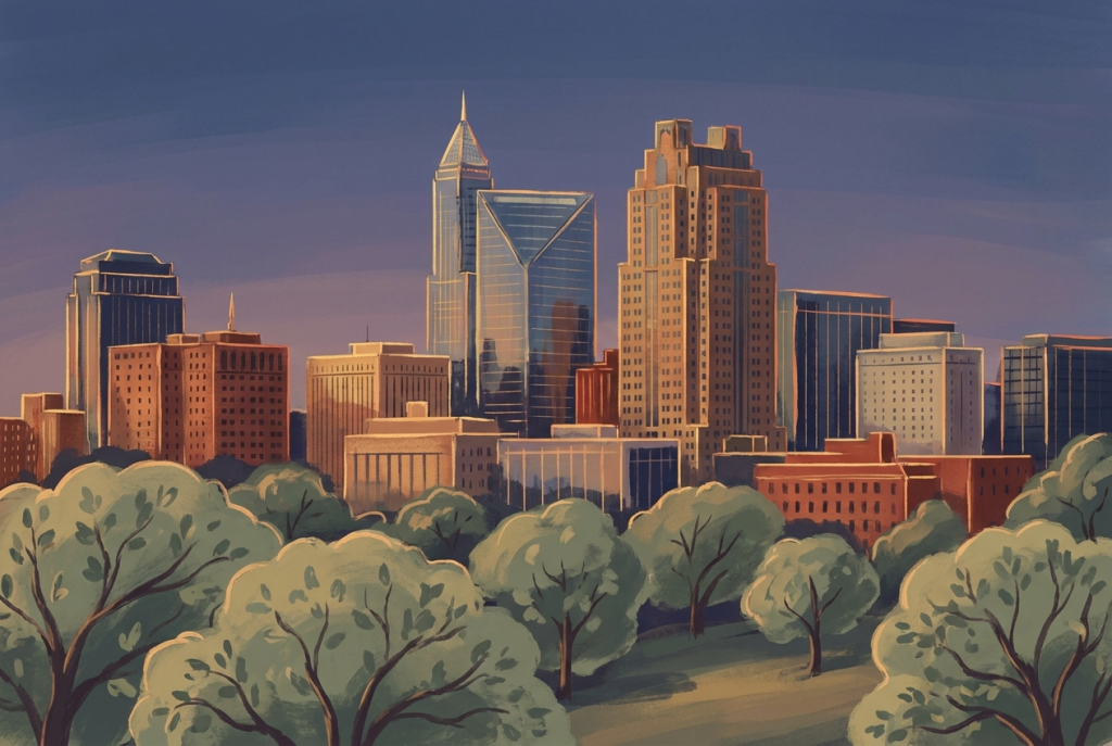 Raleigh skyline rising from a canopy of oaks at golden hour