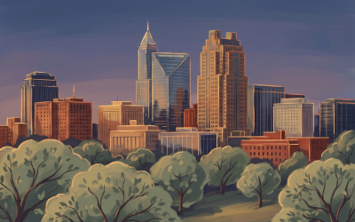 Raleigh skyline rising from a canopy of oaks at golden hour