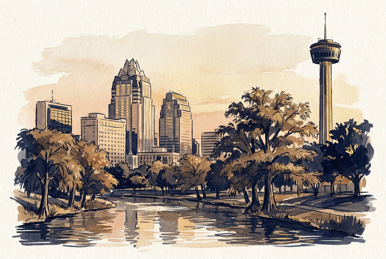 San Antonio skyline with the Tower of the Americas at golden hour