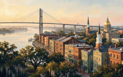 Savannah skyline: the Talmadge Memorial Bridge and River Street warehouses at golden hour