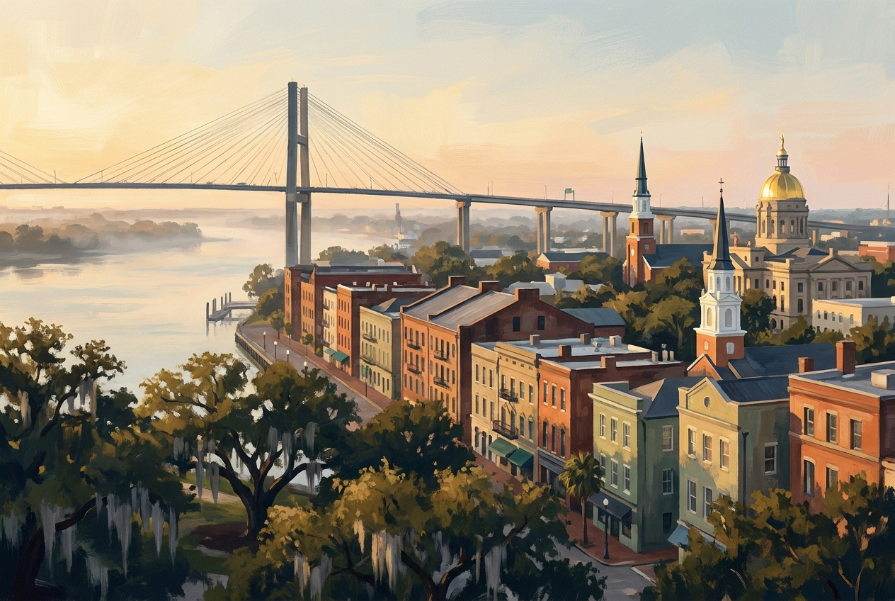 Savannah skyline: the Talmadge Memorial Bridge and River Street warehouses at golden hour